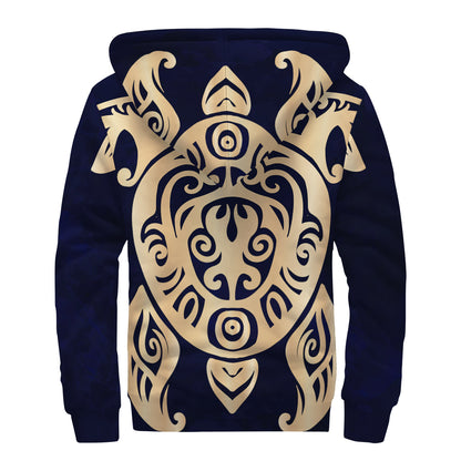 Golden Tribal Sea Turtle Print Sherpa Lined Zip Up Hoodie