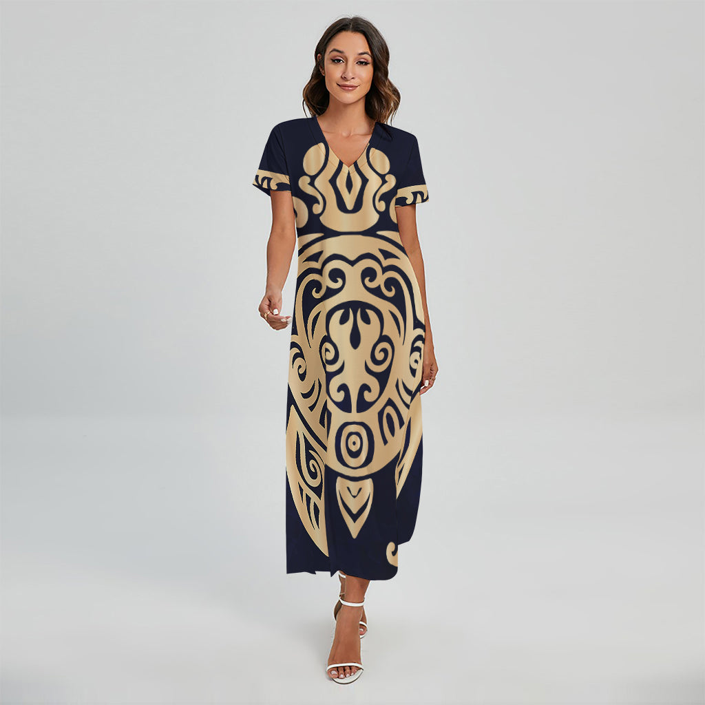 Golden Tribal Sea Turtle Print Short Sleeve Maxi Dress