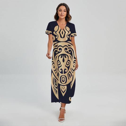 Golden Tribal Sea Turtle Print Short Sleeve Maxi Dress