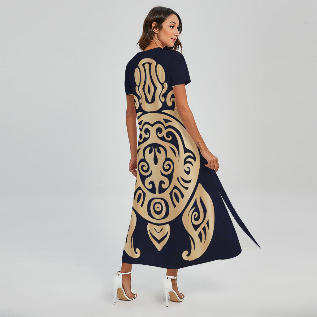 Golden Tribal Sea Turtle Print Short Sleeve Maxi Dress