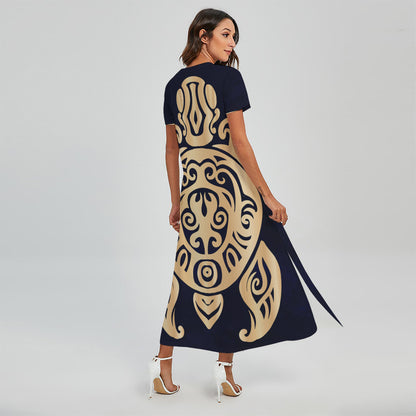 Golden Tribal Sea Turtle Print Short Sleeve Maxi Dress