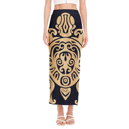 Golden Tribal Sea Turtle Print Side Slit Maxi Skirt