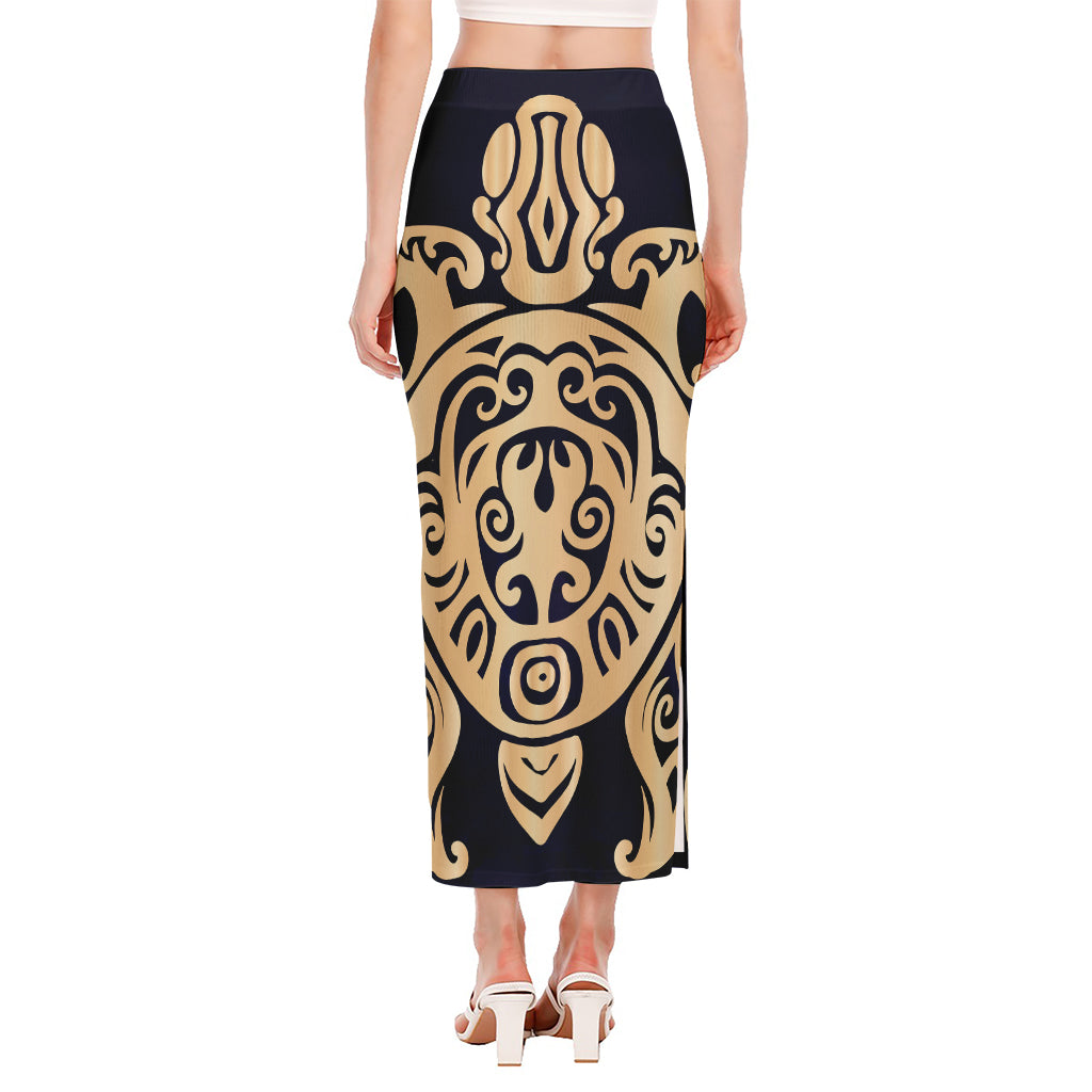 Golden Tribal Sea Turtle Print Side Slit Maxi Skirt