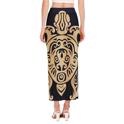 Golden Tribal Sea Turtle Print Side Slit Maxi Skirt