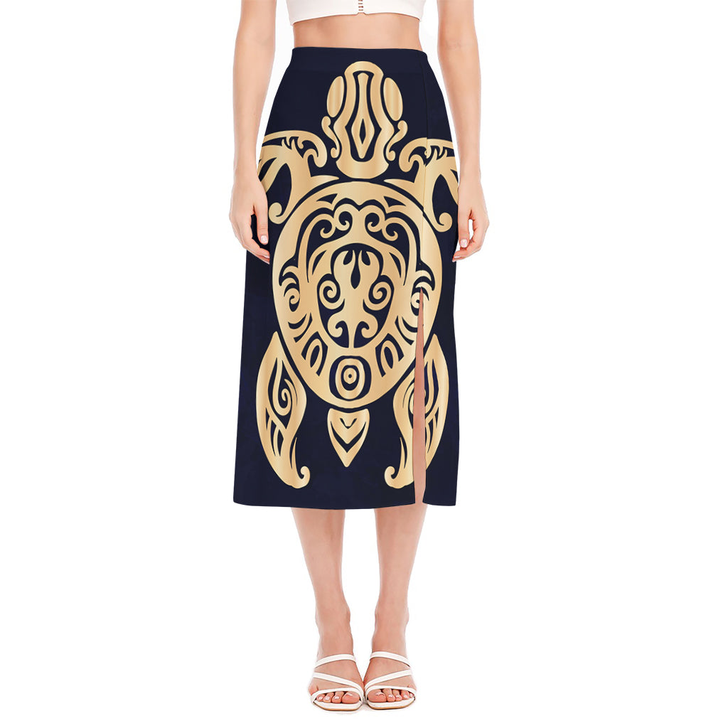Golden Tribal Sea Turtle Print Side Slit Midi Skirt