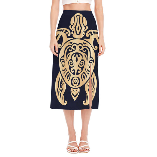 Golden Tribal Sea Turtle Print Side Slit Midi Skirt