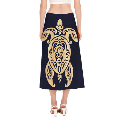 Golden Tribal Sea Turtle Print Side Slit Midi Skirt