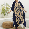 Golden Tribal Sea Turtle Print Silk V-Neck Kaftan Dress