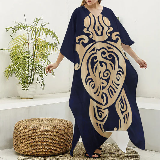 Golden Tribal Sea Turtle Print Silk V-Neck Kaftan Dress