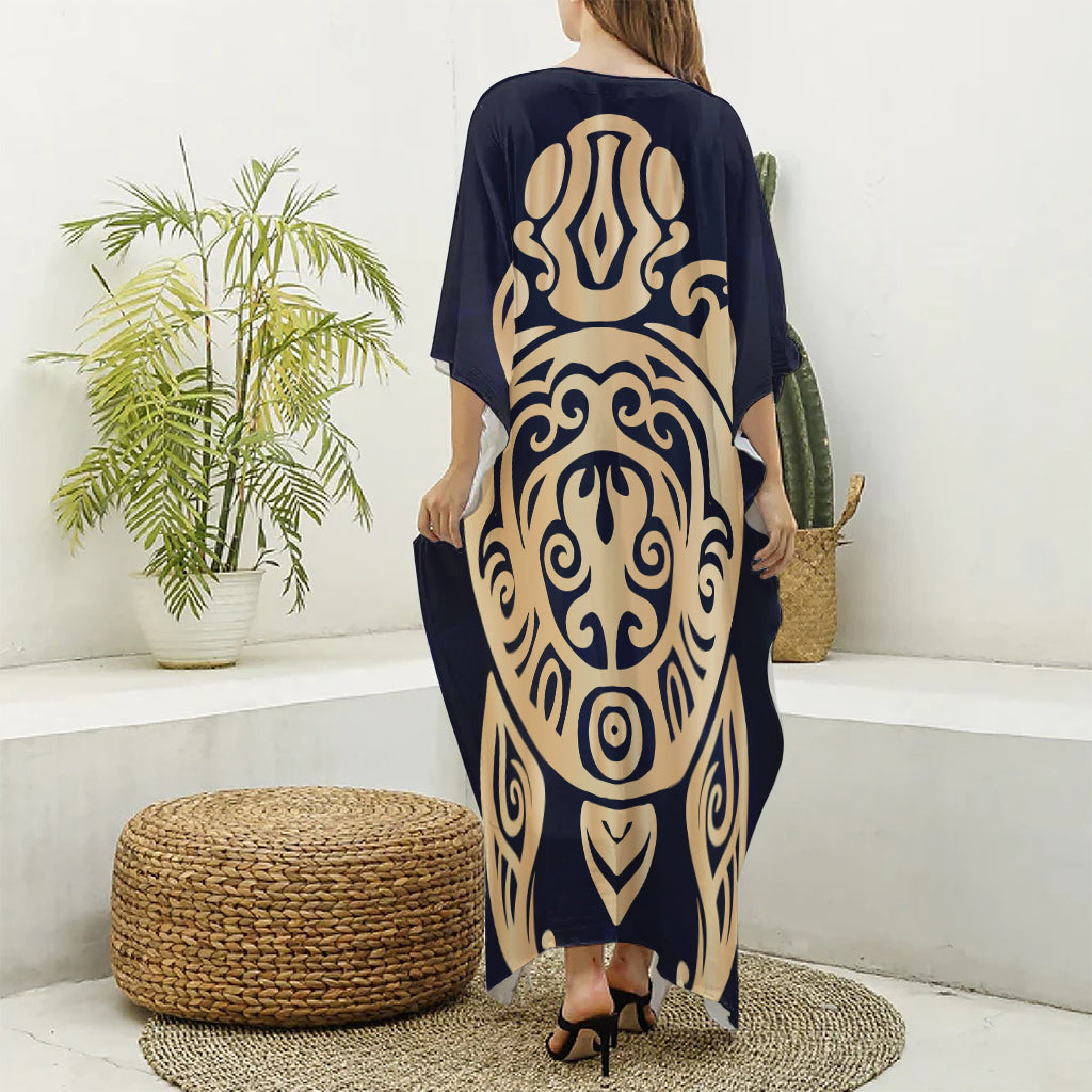 Golden Tribal Sea Turtle Print Silk V-Neck Kaftan Dress