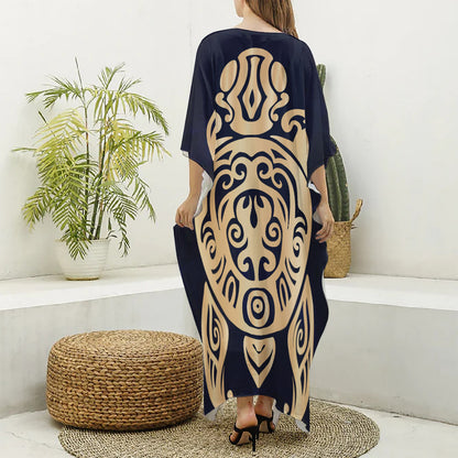 Golden Tribal Sea Turtle Print Silk V-Neck Kaftan Dress