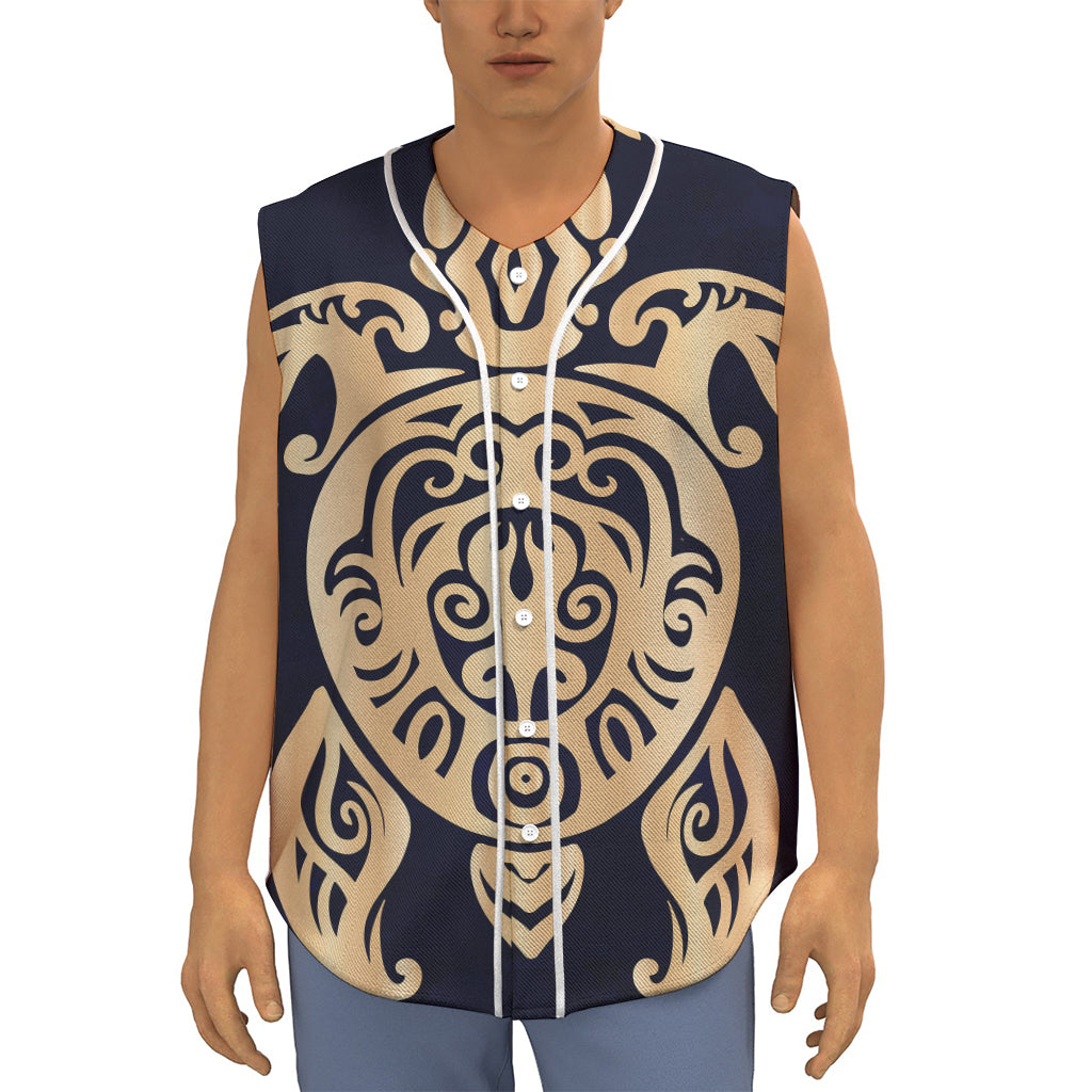 Golden Tribal Sea Turtle Print Sleeveless Baseball Jersey