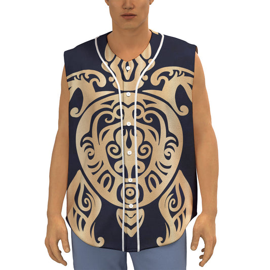 Golden Tribal Sea Turtle Print Sleeveless Baseball Jersey