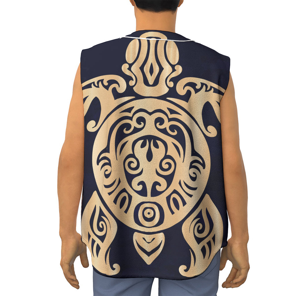 Golden Tribal Sea Turtle Print Sleeveless Baseball Jersey