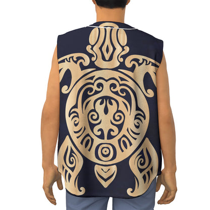 Golden Tribal Sea Turtle Print Sleeveless Baseball Jersey