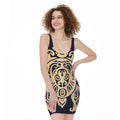 Golden Tribal Sea Turtle Print Sleeveless Bodycon Dress