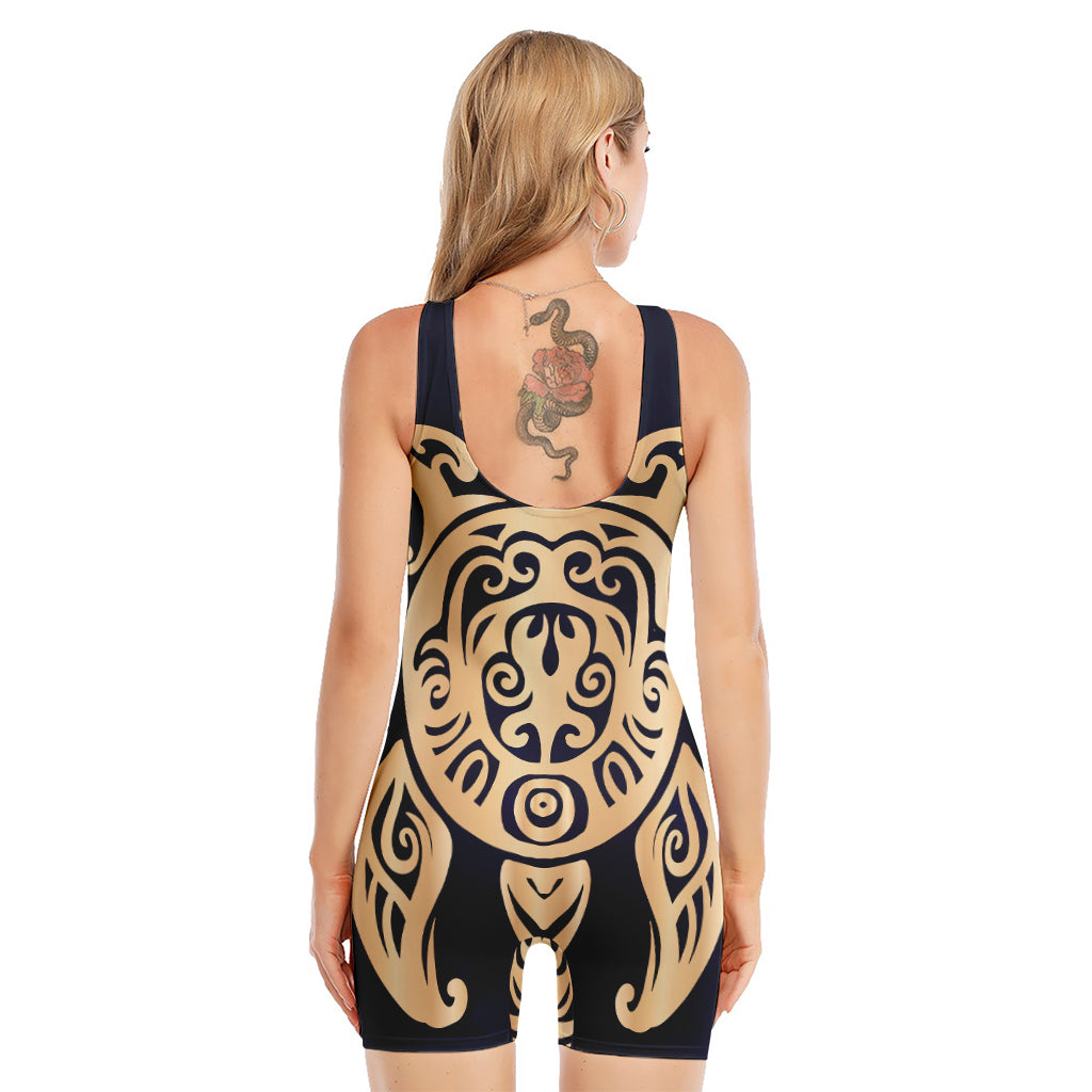Golden Tribal Sea Turtle Print Sleeveless One Piece Swimsuit