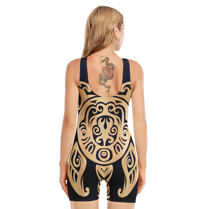 Golden Tribal Sea Turtle Print Sleeveless One Piece Swimsuit