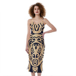 Golden Tribal Sea Turtle Print Slim Fit Midi Cami Dress