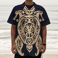 Golden Tribal Sea Turtle Print Textured Short Sleeve Shirt
