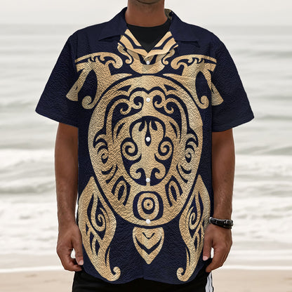 Golden Tribal Sea Turtle Print Textured Short Sleeve Shirt