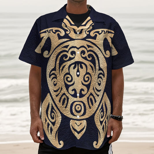 Golden Tribal Sea Turtle Print Textured Short Sleeve Shirt