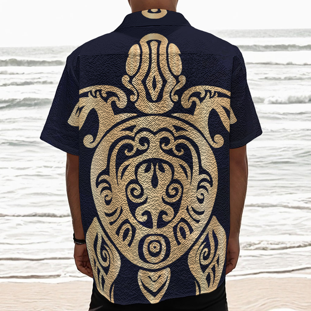 Golden Tribal Sea Turtle Print Textured Short Sleeve Shirt