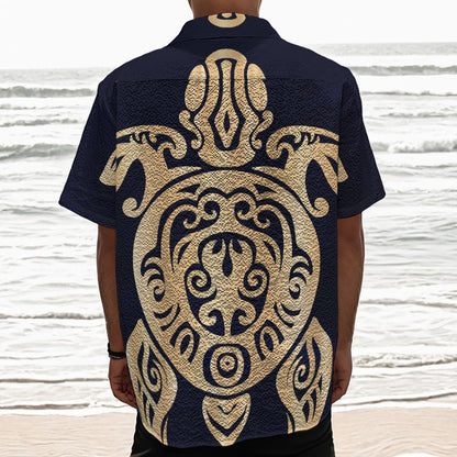 Golden Tribal Sea Turtle Print Textured Short Sleeve Shirt