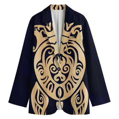 Golden Tribal Sea Turtle Print Women's Cotton Blazer