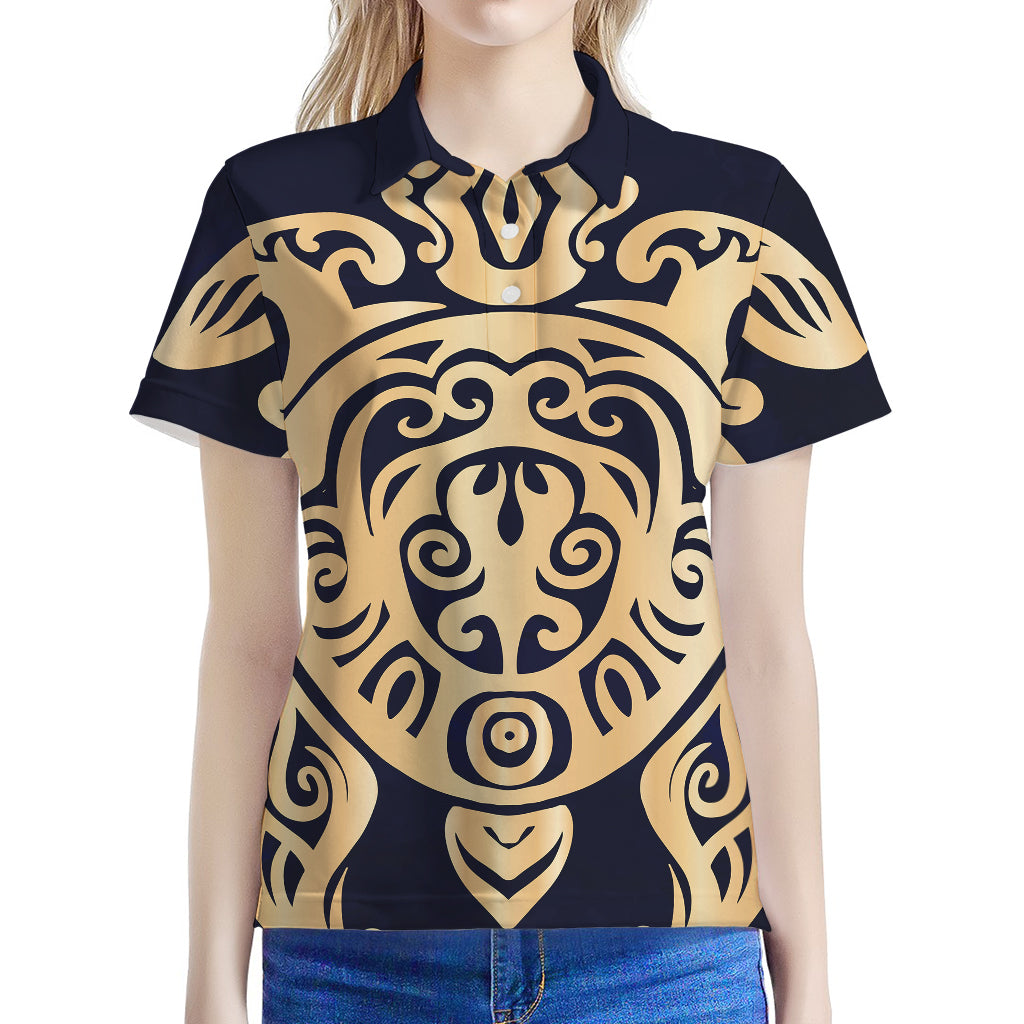 Golden Tribal Sea Turtle Print Women's Polo Shirt