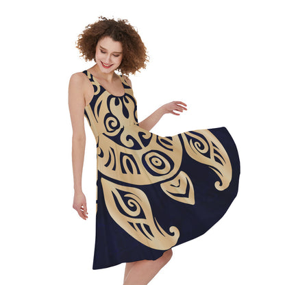 Golden Tribal Sea Turtle Print Women's Sleeveless Dress