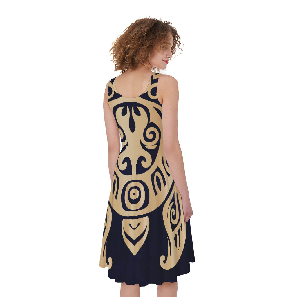 Golden Tribal Sea Turtle Print Women's Sleeveless Dress