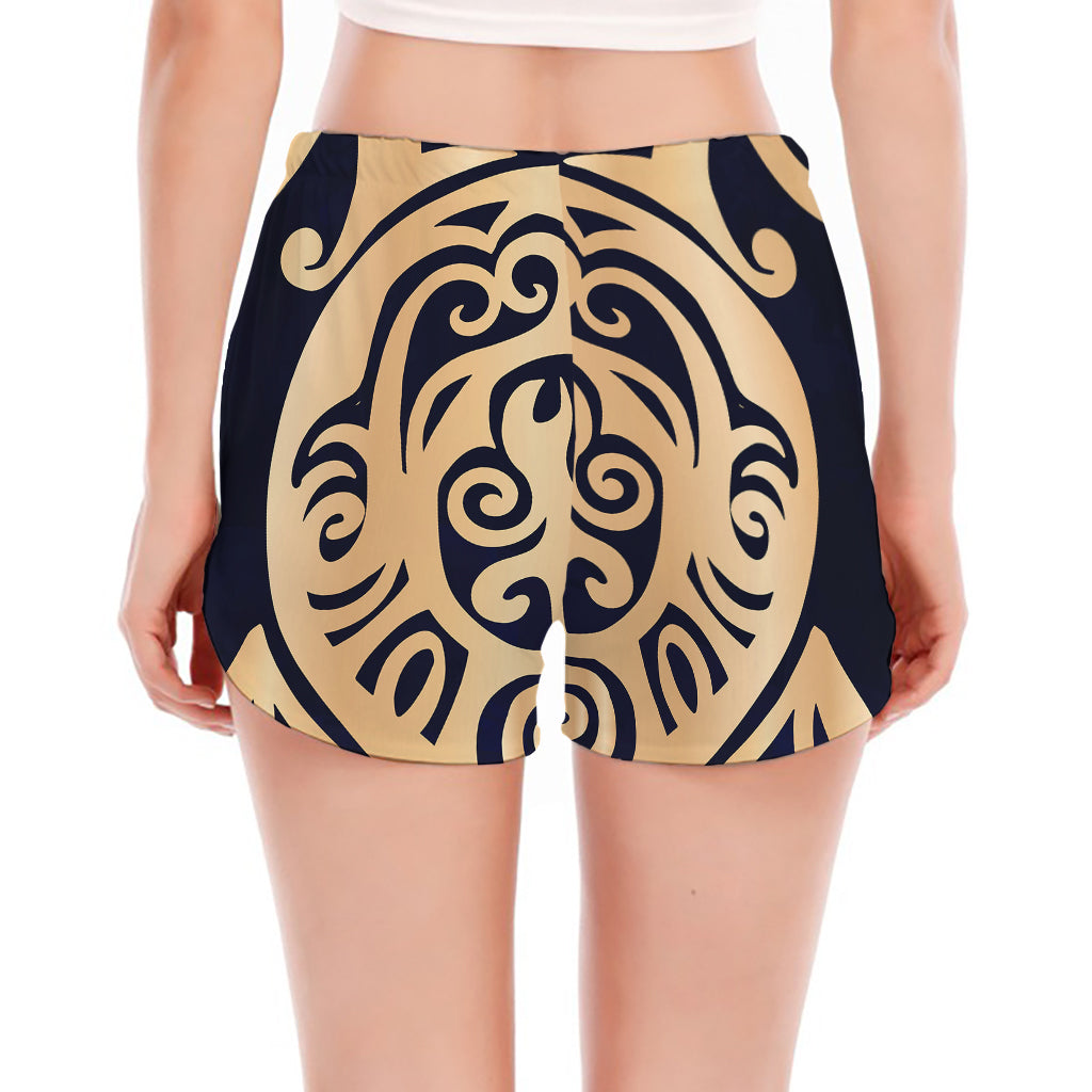 Golden Tribal Sea Turtle Print Women's Split Running Shorts