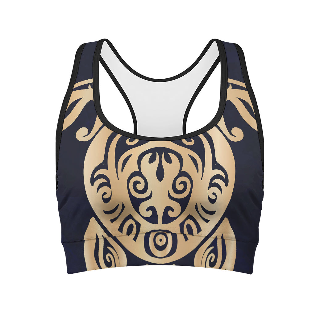 Golden Tribal Sea Turtle Print Women's Sports Bra
