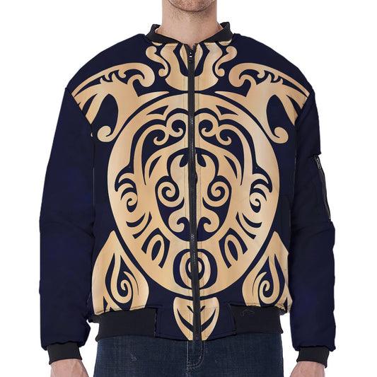Golden Tribal Sea Turtle Print Zip Sleeve Bomber Jacket