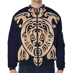 Golden Tribal Sea Turtle Print Zip Sleeve Bomber Jacket