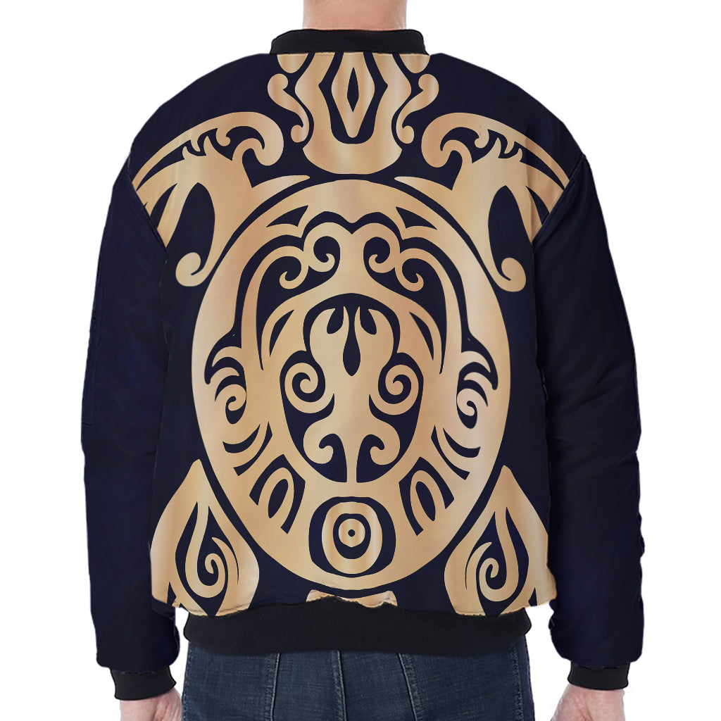 Golden Tribal Sea Turtle Print Zip Sleeve Bomber Jacket