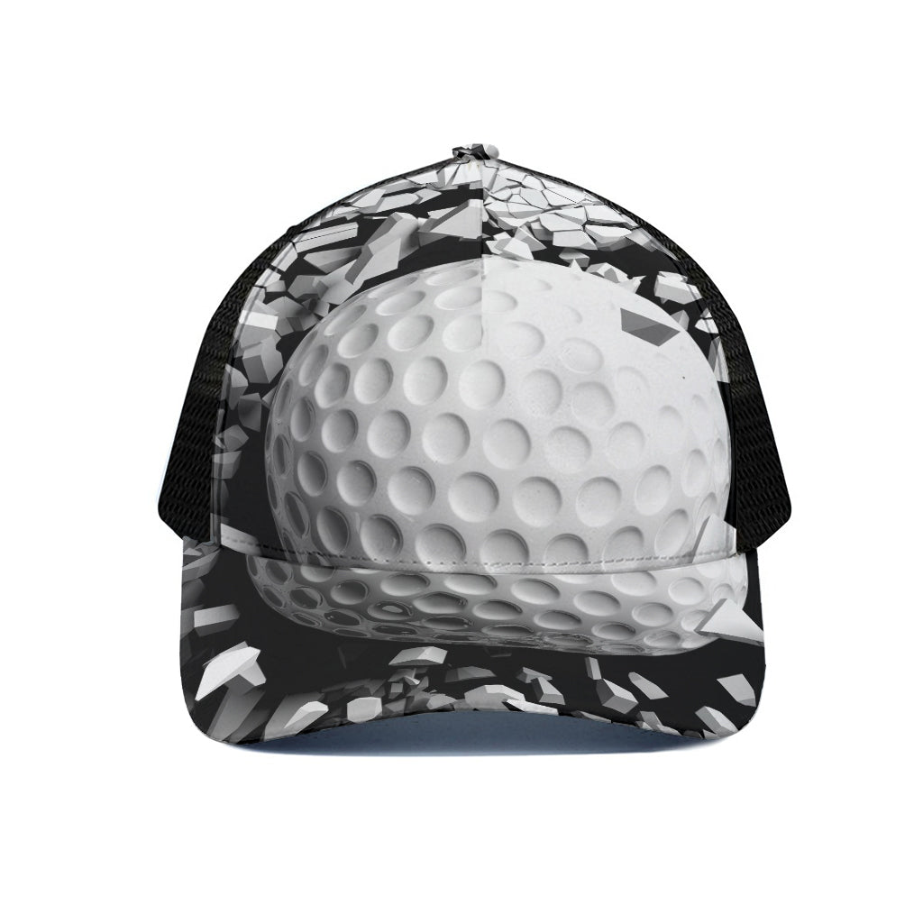 Golf Ball Breaking Wall Print Black Mesh Trucker Cap