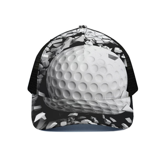 Golf Ball Breaking Wall Print Black Mesh Trucker Cap