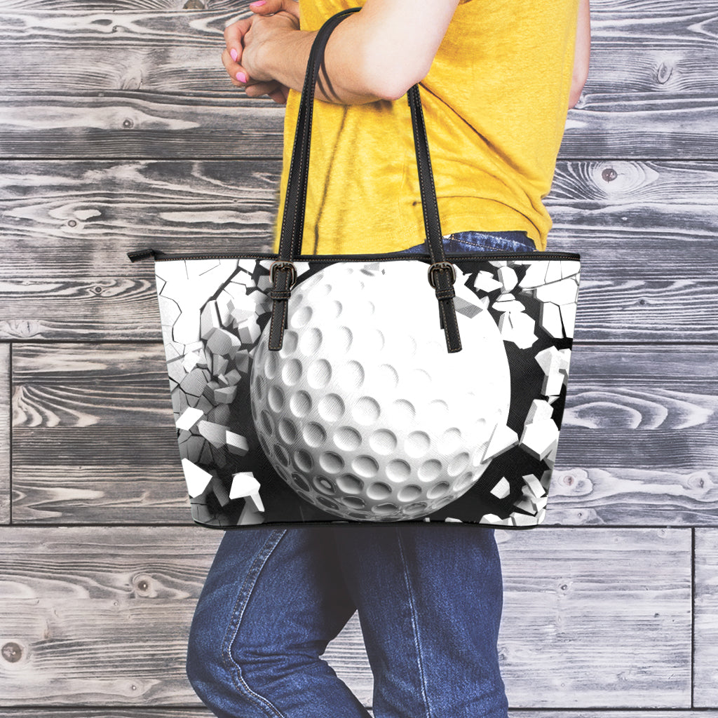 Golf Ball Breaking Wall Print Leather Tote Bag