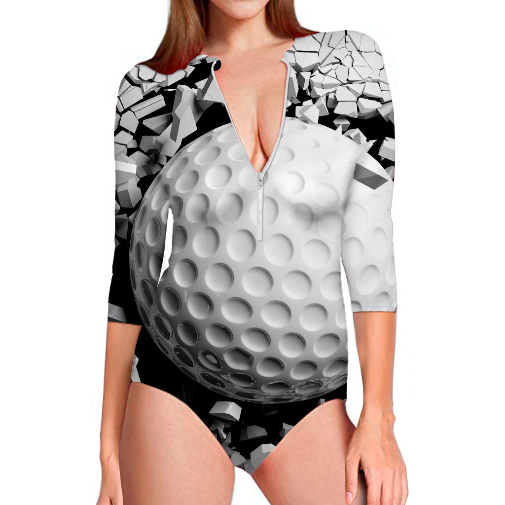 Golf Ball Breaking Wall Print Long Sleeve Swimsuit