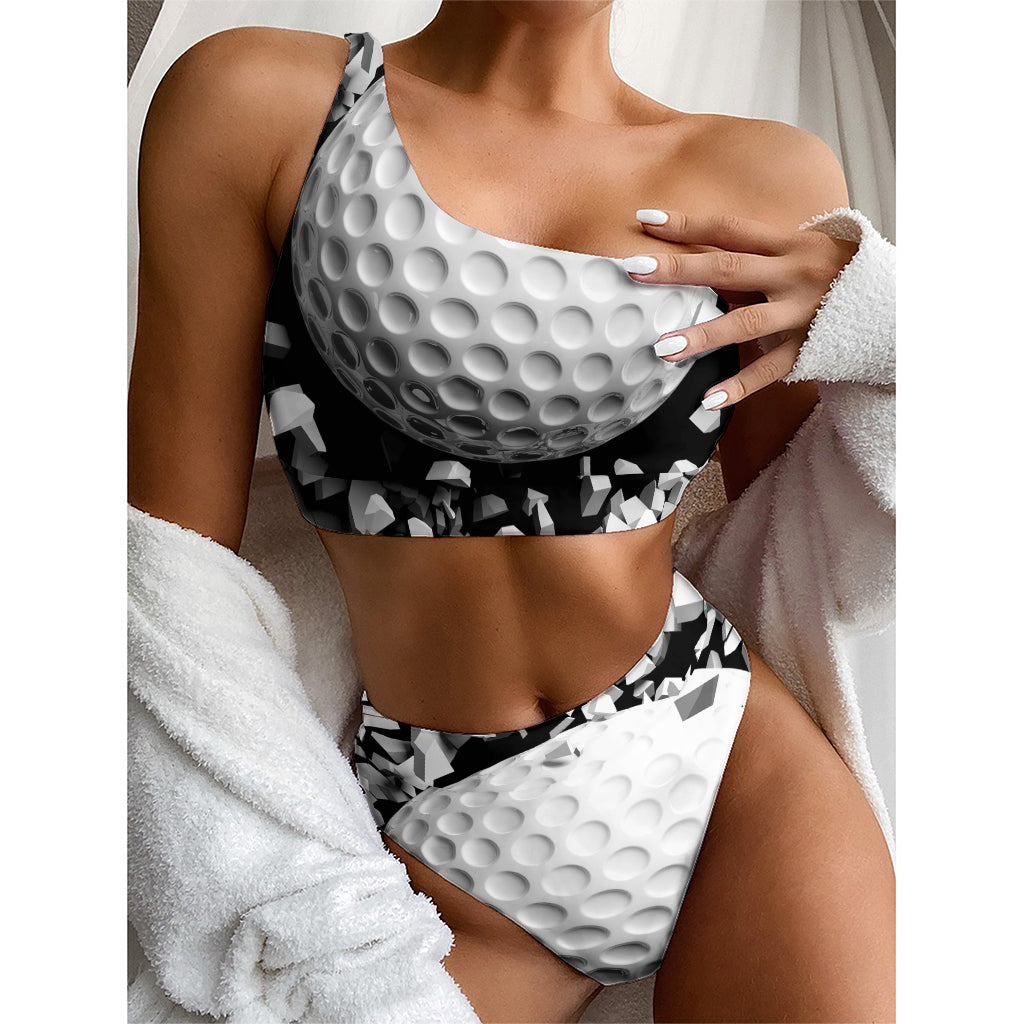 Golf Ball Breaking Wall Print One Shoulder Bikini Top