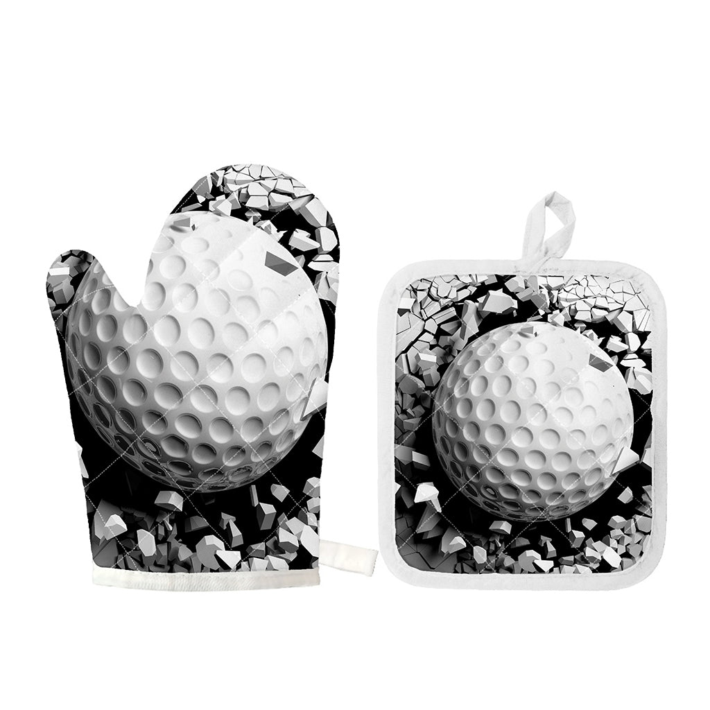 Golf Ball Breaking Wall Print Oven Mitt And Pot Holder Set