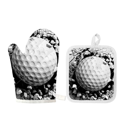 Golf Ball Breaking Wall Print Oven Mitt And Pot Holder Set