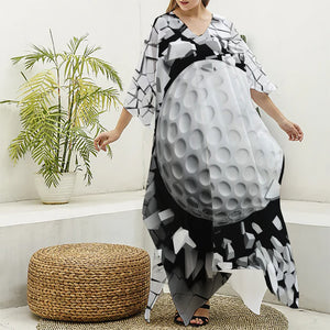 Golf Ball Breaking Wall Print Silk V-Neck Kaftan Dress