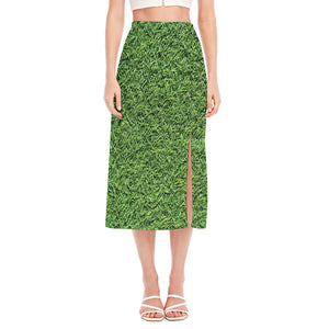 Golf Course Grass Print Side Slit Midi Skirt