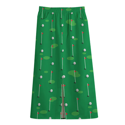 Golf Course Pattern Print Cotton Front Slit Maxi Skirt