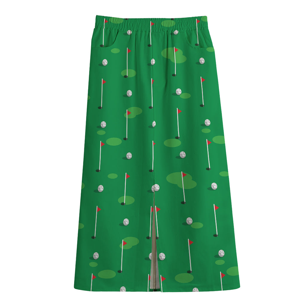 Golf Course Pattern Print Cotton Front Slit Maxi Skirt