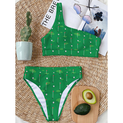 Golf Course Pattern Print One Shoulder Bikini Top