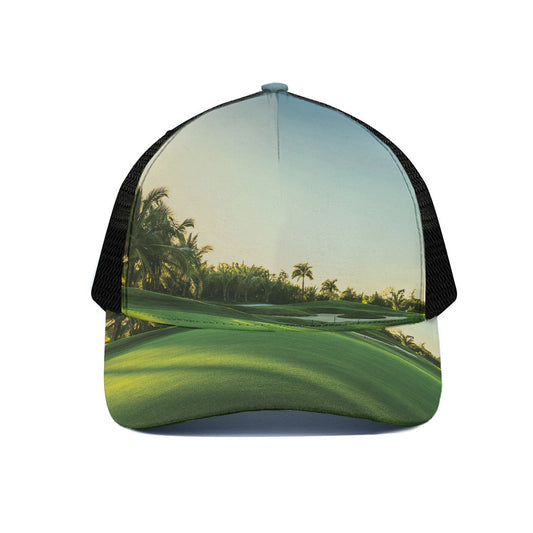 Golf Course Print Black Mesh Trucker Cap